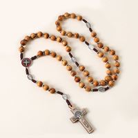 Collier Chapelet Catholique Perles 10mm Croix de Prière Jérusalem Bijoux en Bois Faits à la Main Transfrontaliers