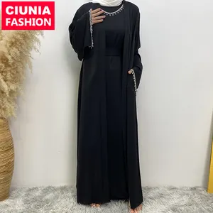 2006 + 6595 # Ramadã 2 peças conjunto Eid Abaya com punho de diamante Abaya e vestido interior sem mangas com cinto combinando com uma corrente de diamante prateado