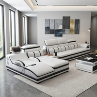 Canapé modulaire en cuir blanc et noir moderne - Ensemble sectionnel de luxe pour salon minimaliste avec art abstrait