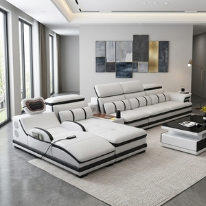 Divano Modulare Moderno in Pelle Bianca <span class=keywords><strong>e</strong></span> Nera - Set Sezionale di Lusso per Soggiorno Minimalista con Arte Astratta - Product Image 2