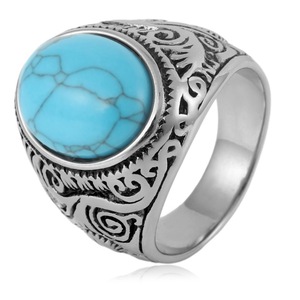yunnique Stainless Steel <b>Ring</b> <b>Men</b> Blue Turquoise Oval Bezel Setting Retro Fashion Jewelry Gift - Product Image 1