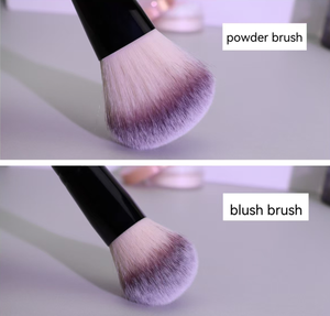 Pinceau de maquillage double embout en forme d'éventail, manche en bois noir et or, fibres synthétiques, pour blush et cosmétiques visage - Product Image 4