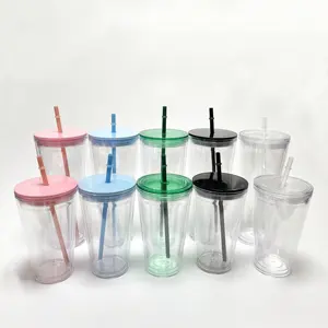 16盎司24盎司绝缘透明塑料亚克力双壁雪球不倒翁可重复使用的带盖子和吸管的冰咖啡雪球杯