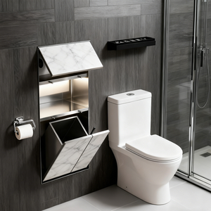 Porte-papier toilette multifonctionnel caché, moderne, en acier inoxydable, tout-en-un, brosse à toilette, poubelle, niche murale encastrée - Product Image 3