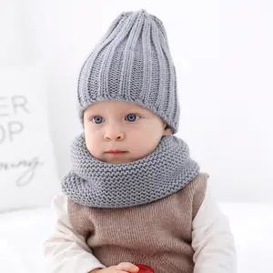 N635 Kids (0~3 years) knitted Cap earflap Bun Caps 2 pieces scarf hat set warm Beanie winter hats for baby boys girls