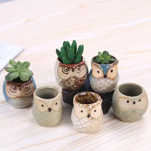Custom Indoor Decor Mini Cute Colorful Hand Painting Cactus Ceramic Animal Owl Pots For Succulents