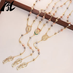 Popolare 14K placcato in <span class=keywords><strong>oro</strong></span> tricolore Vergine Maria <span class=keywords><strong>rosario</strong></span> <span class=keywords><strong>collana</strong></span> con San Beneditto crocifisso perlina tipo catena artiglio impostazione intarsio - Product Image 1