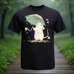 T-shirt mignon avec motif de rat blanc et parapluie pour hommes et femmes - Product Image 3