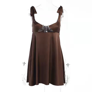 Vestito <span class=keywords><strong>Mini</strong></span> Estivo Elegante con Lacci, Stile Francese, Scollo Basso, in Raso, Tinta Unita, per Donna - Collezione Hot Sale - Product Image 5