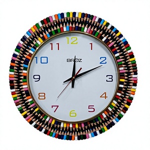 Handmade Colorful Pencil Wall <b>Clock</b> Needle Silent Sweep Quartz Movement Wood Frame 14x14" <b>Art</b> Deco Design for Living Room - Product Image 1
