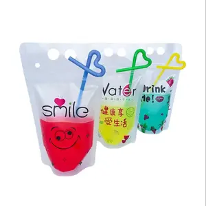 Kustom dicetak transparan dilipat ritsleting vertikal plastik jus smoothie tas dapat digunakan kembali sedotan bocor kantong gratis tas minuman