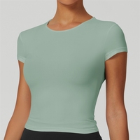 Kaos Yoga Cepat Kering Eropa dan Amerika, Pakaian Ketat Lengan Pendek, Atasan Fitness Warna Solid, untuk Lari di Luar Ruangan