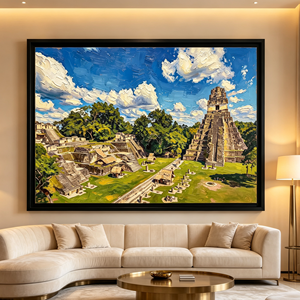 Pintura al Óleo Art Deco sobre Lienzo que Representa las Antiguas Ruinas <span class=keywords><strong>de</strong></span> <span class=keywords><strong>Tikal</strong></span>, <span class=keywords><strong>Guatemala</strong></span>. La selva tropical rodea los templos <span class=keywords><strong>de</strong></span> piedra mayas, y la luz del sol se desvanece. - Product Image 1