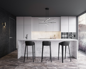 Gabinete de cocina moderno personalizado Mesa de isla colgante Acabado de laca mate oscuro para Villa Características Encimera de granito Directo de fábrica