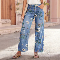 Jeans chic et élégants à taille haute, imprimés floraux, style bohème, coupe droite et large pour femmes