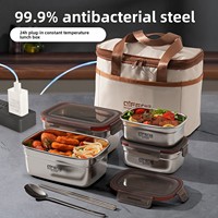 Boîte à lunch électrique isotherme carrée en acier inoxydable 3L, à un seul niveau, rechargeable, anti-fuite, pour les employés de bureau, 24 heures
