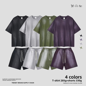 Camiseta de forro polar de color liso para hombre, cuello redondo, manga corta, estilo americano, con efecto desgastado y lavado, de importación transfronteriza - Product Image 2