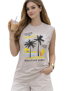 Camiseta sin mangas de algodón para mujer, diseño casual con estampado de palmeras, cuello redondo, diseño de vibraciones positivas - Product Image 1