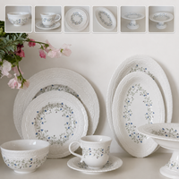 Service de Table en Porcelaine Gaufrée Style Vintage Français, Motif Floral Gris et Bleu, Assiettes, Bols et Tasses à Thé en Céramique pour Mariage et Maison – Vente en Gros