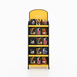 Direct hot sell metal free stand movable motor lubricating oil product lubricants display rack with wheel