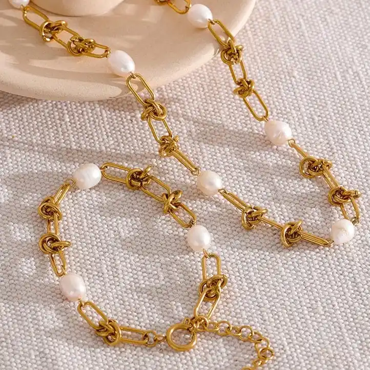2023 véritable U en acier inoxydable collier et Bracelet ensembles de bijoux personnalisé eau douce perle lien Bracelet collier ensemble femmes
