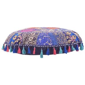 Coussin de sol rond en coton décoratif avec pompons, coussin de sol en coton patchwork avec franges - Product Image 2