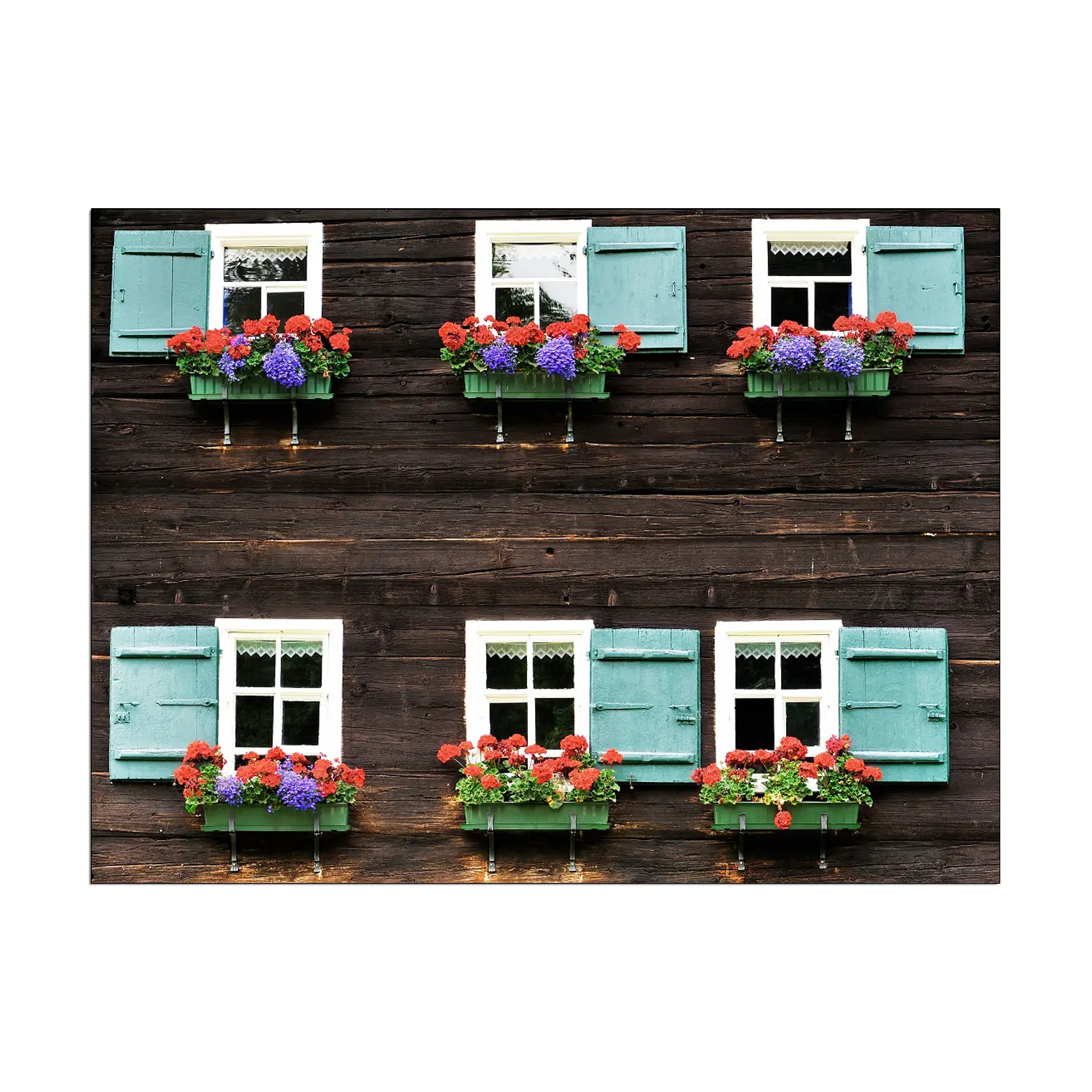 Sechs Cyan und weiße Fenster mit kleinen Blumen balkon auf Holzhaus Leinwand gedruckt Malerei Wohnkultur Wand kunst Bild