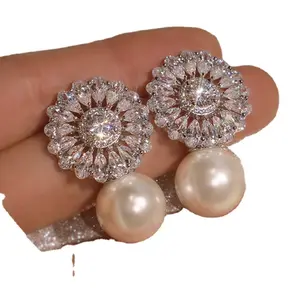 DAIHE 2024 flor barroca flor completo diamante circón imitación perla pendientes joyería de moda