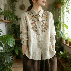 Camisas Étnicas Chinas Personalizadas para Mujer, Bordadas con Flores, Manga Larga, Cierre de Botones, 100% <span class=keywords><strong>Lino</strong></span>, Color Marrón y Blanco - Product Image 2