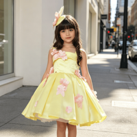 Robe en satin à fines bretelles avec appliques 3D de fleurs roses et perles, ourlet asymétrique, costume de princesse pour anniversaire et banquet, robe de princesse pour fille