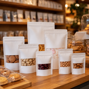 Sachet Doypack Personnalisé en Papier Kraft Blanc avec Fenêtre, Sac d'Emballage Alimentaire Refermable pour Noix, Bonbons, Fruits Secs, Snacks - Product Image 6