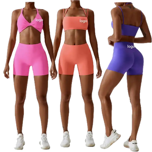 Ensemble de yoga 2 pièces pour femme, short taille haute, soutien-gorge de sport sans couture, col en V profond, dos croisé, couleur unie, vêtements de sport rose corail violet - Product Image 1