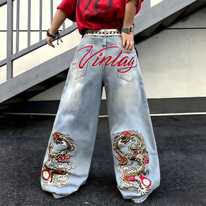 Jeans Larghi in <span class=keywords><strong>Denim</strong></span> Ricamati da Uomo, Stile Streetwear, Pantaloni Casual Larghi da Skate, Abbigliamento Uomo - Product Image 1
