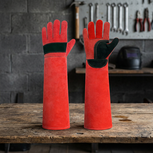 Guantes de Soldadura de Cuero Vacuno Rojo, Largos, Resistentes al Fuego, Protección Completa para los Dedos, para Uso en Exteriores - Product Image 4