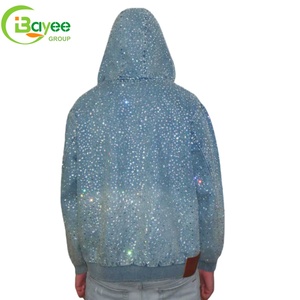 هودي مخصص مزين بالأحجار الكريستالية، قطن ثقيل الوزن، ملابس الشارع الكريستالية، تصميم عتيق فضفاض كبير الحجم، هودي دنيم بسحاب وتطريز للرجال - Product Image 4