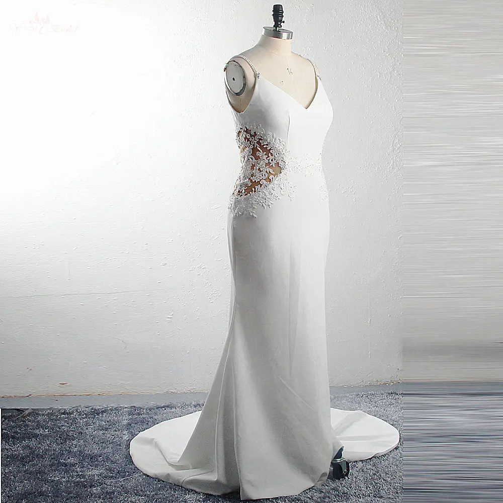RSW1492 V Neckline Spaghetti Straps Sheath Backless Cut Side Destination Wedding Plus Size Wedding Dress Women's White Dresses
