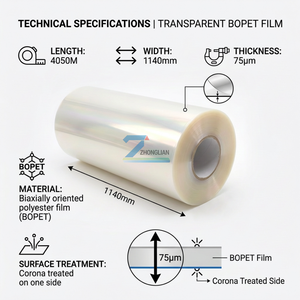Pellicola BOPET 75μm, 1140mm, per Forniture per Ufficio: Clip per Libri/Fogli di Recupero/Nastri, Collari, Copertine, Strati Protettivi Compositi - Product Image 4