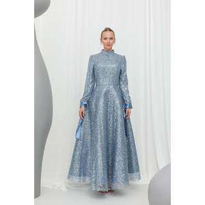 Vestido de noche largo de mujer Puane, color índigo, con textura brillante, manga larga y detalle de cinturón, para eventos formales y ocasiones especiales. - Product Image 2
