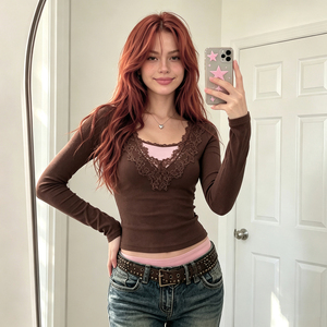 Women's Lace Trim Color Block <b>Crop</b> Long Sleeve T-Shirt Stretchy Slim Fit Casual Soft Blouse <b>Top</b> - Product Image 5