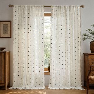 COSENNATUR Rideau en gaze de polyester avec passe-tringle et franges à pompons, motif à pois texturés, filtrant la lumière, vente en gros - Product Image 2