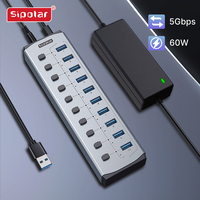Sipolar FS803 Hub USB 3.0 de 10 Puertos con Interruptores de Encendido Individuales, Adaptador Externo de 60W
