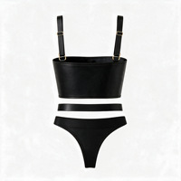 Ensemble de lingerie en similicuir PU noir, corset bustier à fermeture éclair sur le devant, string cage à lanières, 2 pièces, tenue de club sexy en similicuir pour femme