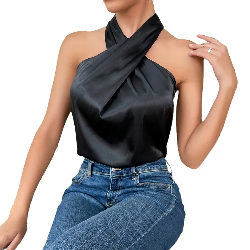 Blusa de cetim sexy verão cor sólida com gola cruzada elegante sem mangas