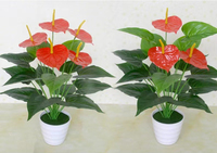 18 buah tanaman anthurium merah kecil dalam pot plastik, bunga buatan, tanaman simulasi dekoratif
