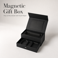 Boîte cadeau magnétique noire personnalisée avec tiroir, papier doux au toucher, poignée chromée, OEM FSC