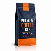 Sacs à café personnalisés bleu marine et orange avec valve, pochette, fond plat, fournisseur d'emballages pour grains de café