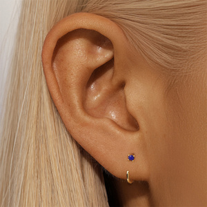 Boucles d'oreilles créoles en argent sterling S925 pour femmes, en forme de C, avec lapis-lazuli rond naturel - Product Image 3