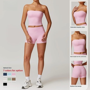 Set of 2 Brushed High-Waisted Tight Long-Sleeve Yoga Suit Set for <strong>Women</strong> with Nylon Spandex and <strong>Pull</strong>-<strong>On</strong> Closure 8886 - Product Image 1