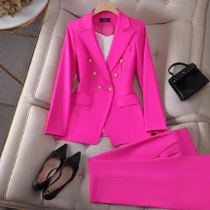 Women's Pink Double-Breasted Suit Set Solid Color Polyester Worsted Fabric <b>Work</b> Wear Spring Season - Product Image 1