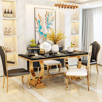 Ensemble table et chaises de salle à manger moderne américain pour 6 à 8 personnes, plateau en marbre noir avec acier inoxydable doré laiton, pour mobilier de maison